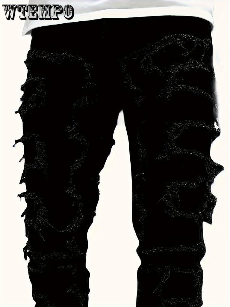 Design Durável, Jeans Masculino Slim Fit Bordado - Denim Elástico, Estilo Casual, Lavável à Máquina - Perfeito para Todas as Estações