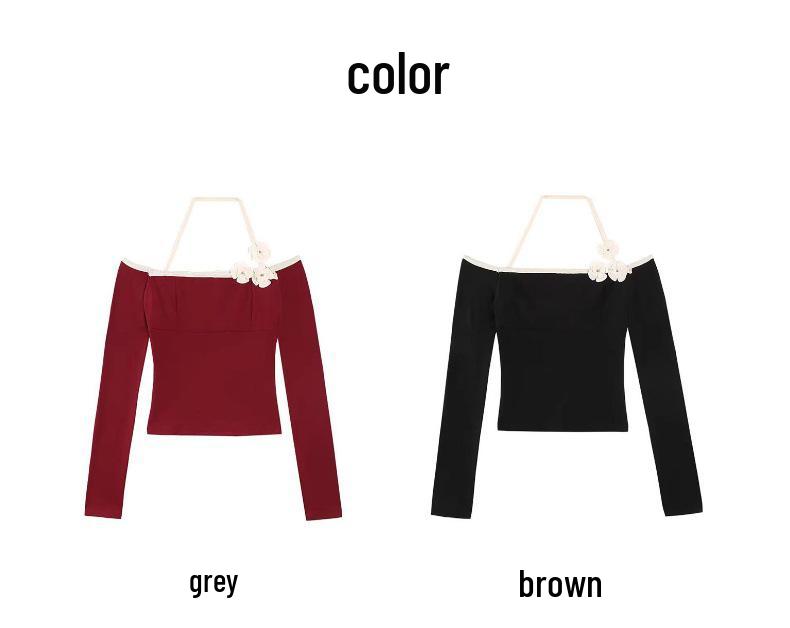 Dámský top na jógu s halter výstřihem, odhalenými rameny, květinovým vzorem a dlouhým rukávem - Podzimní/zimní sportovní a fitness tričko