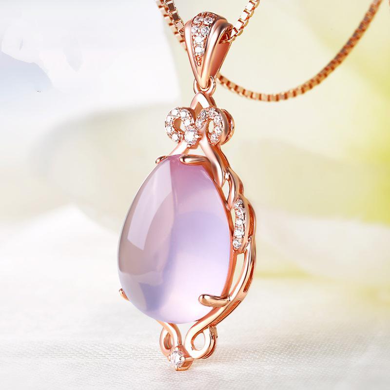 Silver-Plated Fairy Necklace: Pink Crystal & Hibiscus Stone Pendant On Rose Gold Clavicle Chain, Perfect Gift for Women