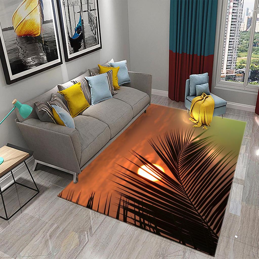 Rug Kitchen Bathroom Entrance Mat Non-Slip Rug Green Tropical Palm Leaf Sunset Rug Living Room Decoration Floor