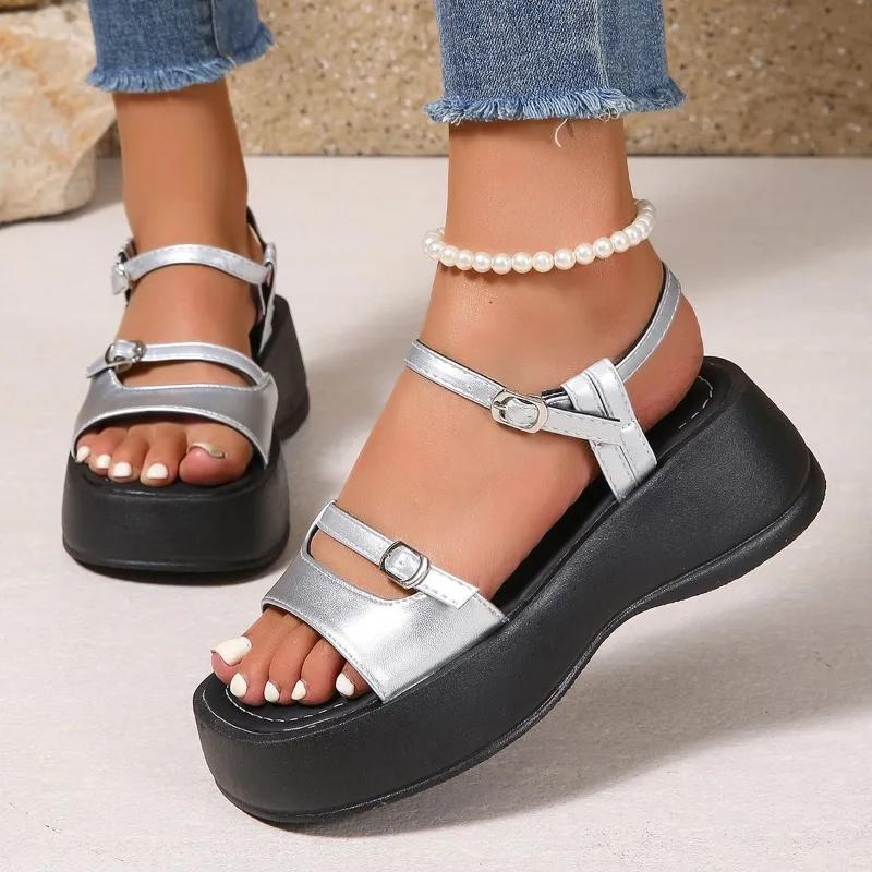 2025 Summer Women's Outdoor Open Toe Platform Sandals Buckle Strap Wedges Casual Daily Walking Shoes for Leisure Comfort