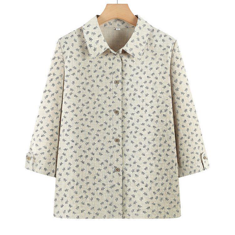 Mid-aged & Elderly Women's Floral Cotton Shirt, 3/4 Sleeve, Loose Plus Size Top