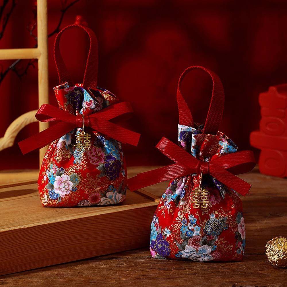 Pearl Pendant Flower Drawstring Bag Floral Ribbon Bowknot Handbag Sweet Festive Sugar Bag  Festival