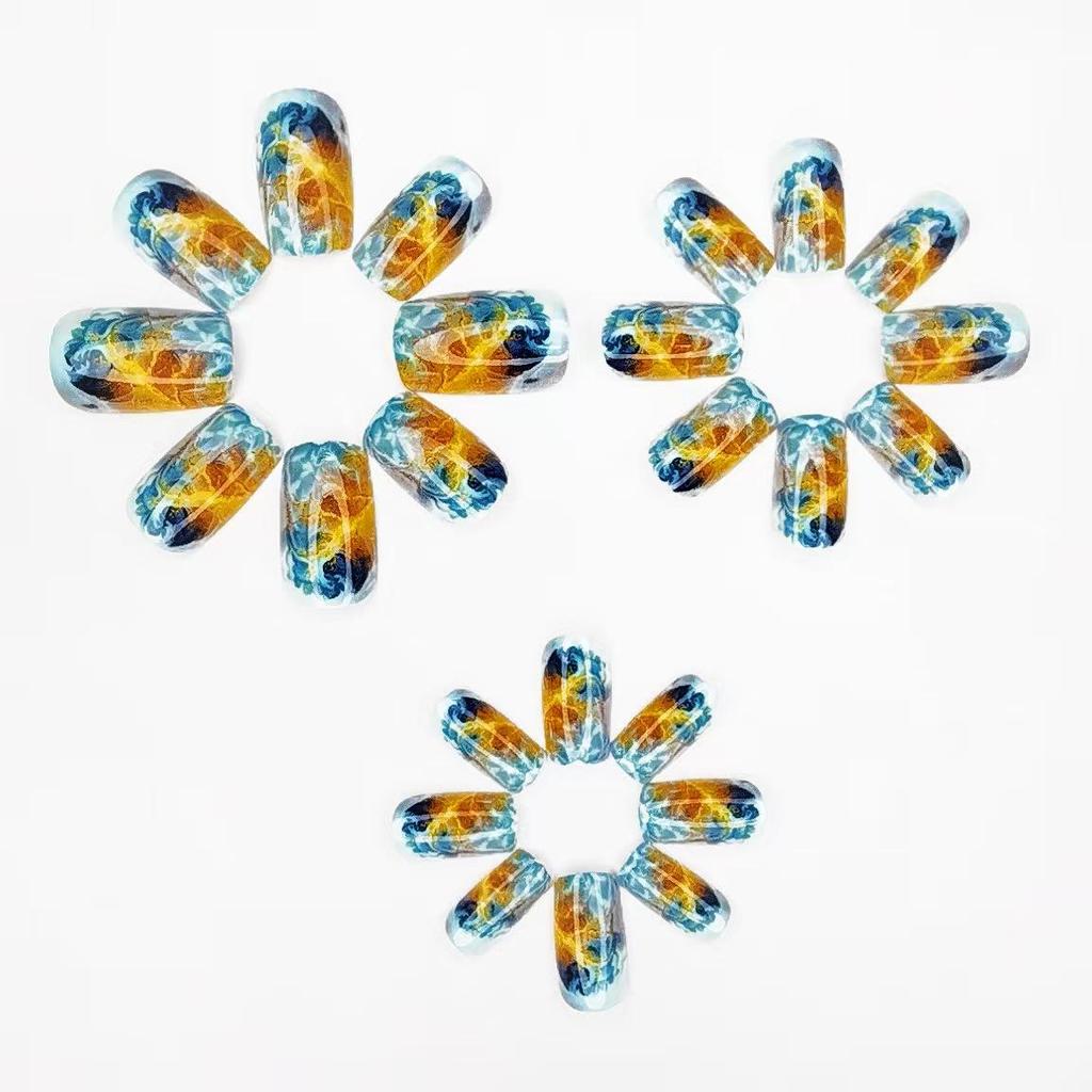 24-Piece Detachable Nail Art Tips with Blue Wave & Red Flame Design
