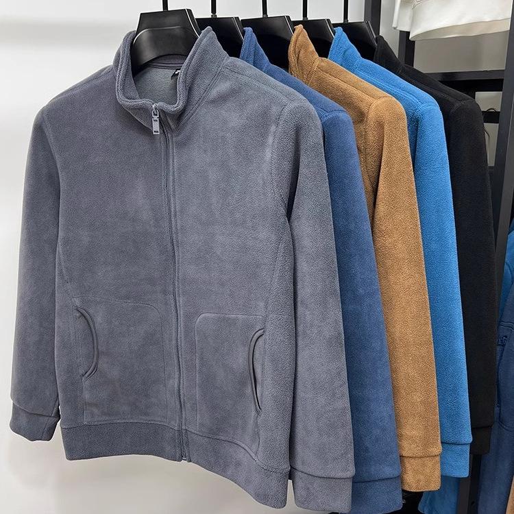 Men's Stand Collar Zipper Cardigan Jacket - 2025 Autumn/Winter Solid Color Warm Fleece