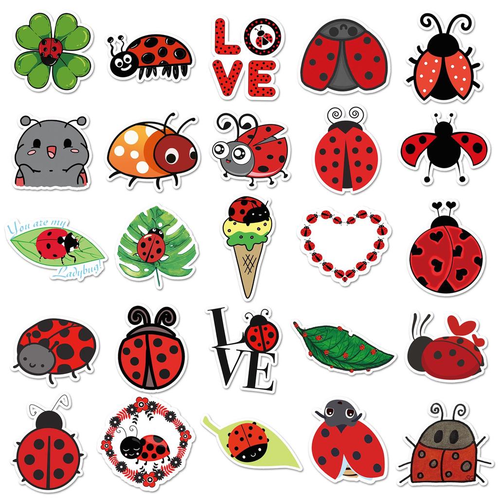 50pcs Ladybug Stickers Cartoon Insects - Seven-spot Journal Stationery Drip Glue