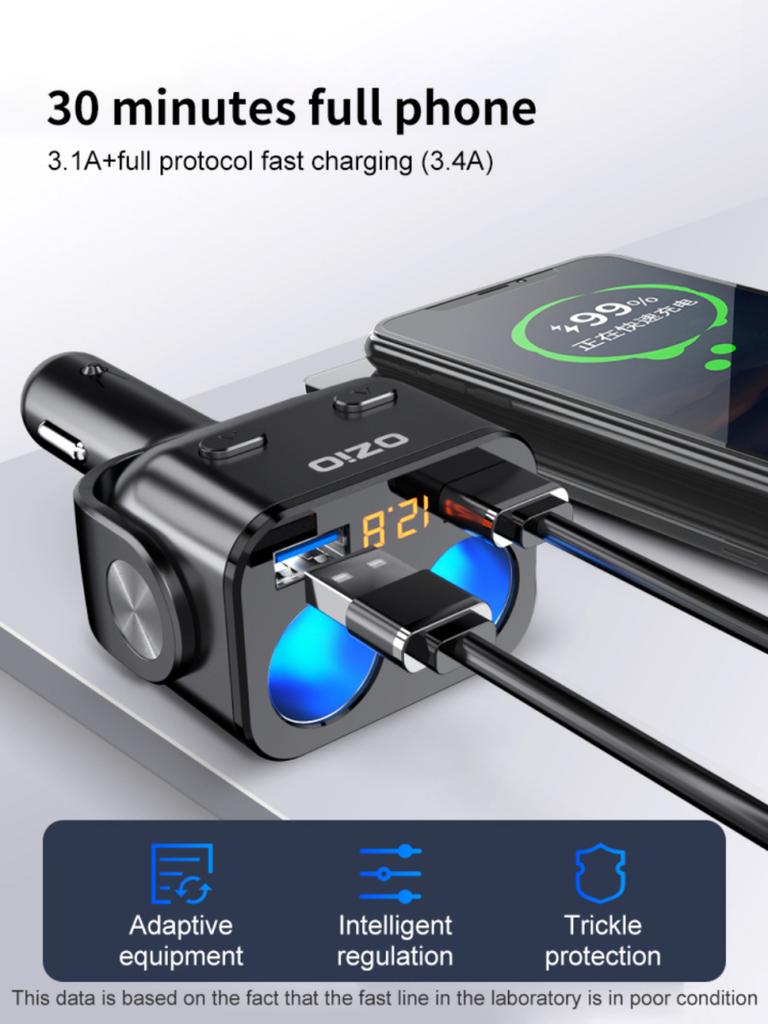 6.5A QC 3.0 Car Charger 90W Dual USB Quick Charging 180°rotation Cigarette Lighter Socket Power Adapter With Line Car Accessory