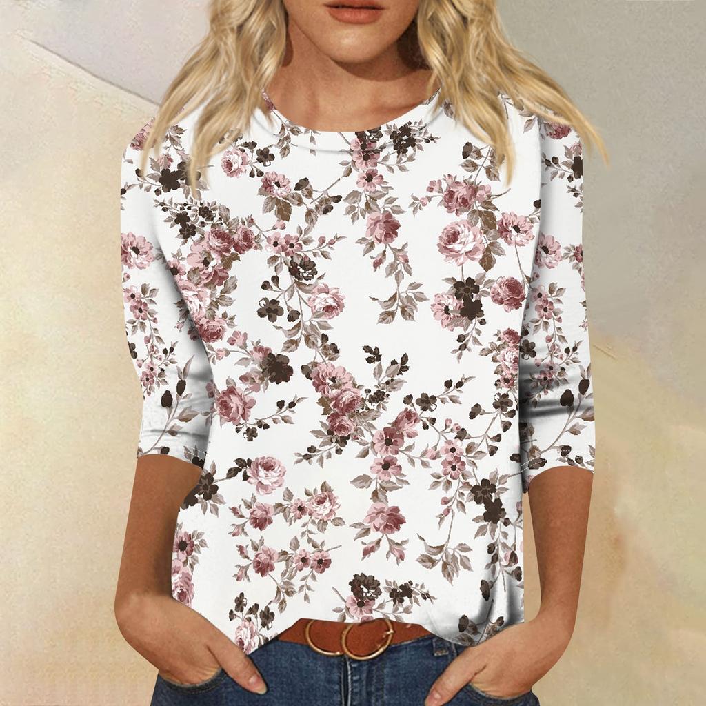 Women's Casual Floral Print Three Quarter Sleeve Crew Neck Top Lightweight Soft Fabric Comfortable Fit Daily Wear