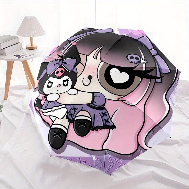 Kuromi Automatic Folding Umbrella-Simple 8-Rib Design, Bright Cartoon Pattern, Durable Iron Frame, Suitable For Travel, Outdoor, Beach-Cute
