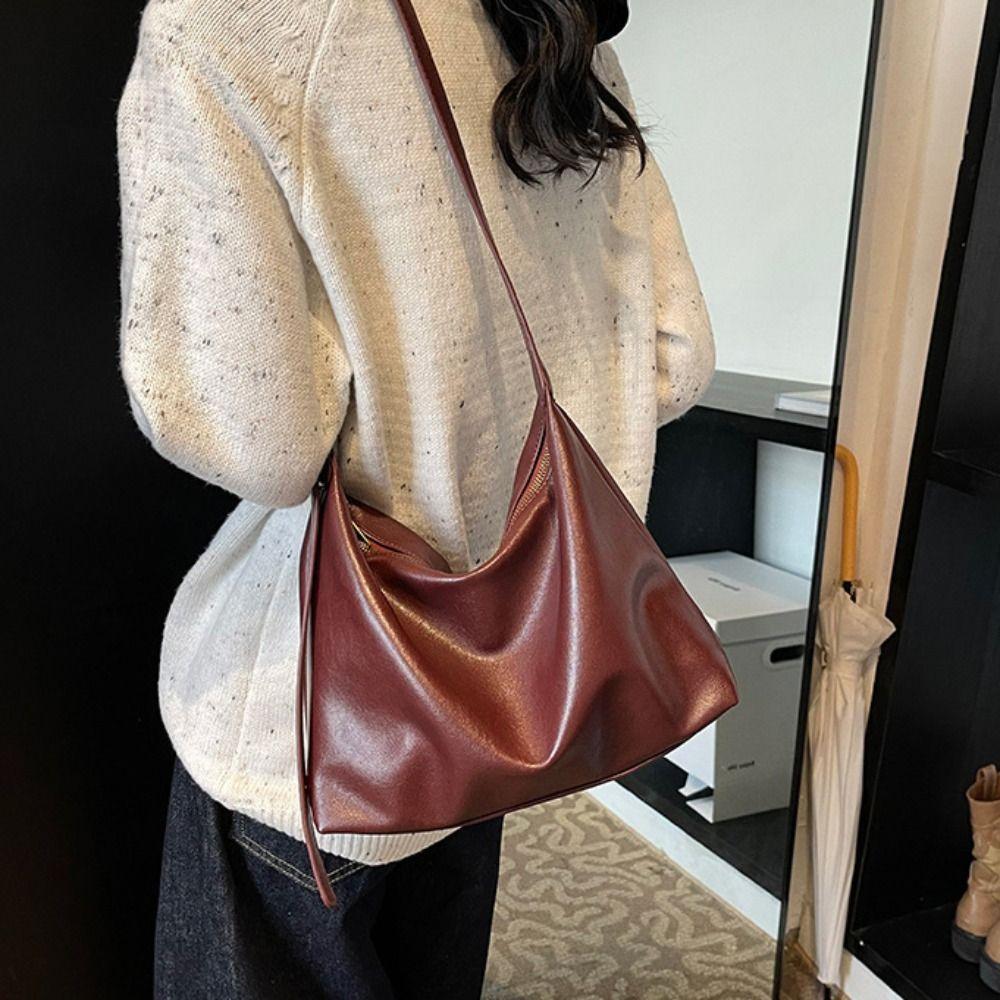 Lightweight Soft Leather Tote Bag Elegant Vintage Underarm Bag Commuting Shoulder Bag  Shopping