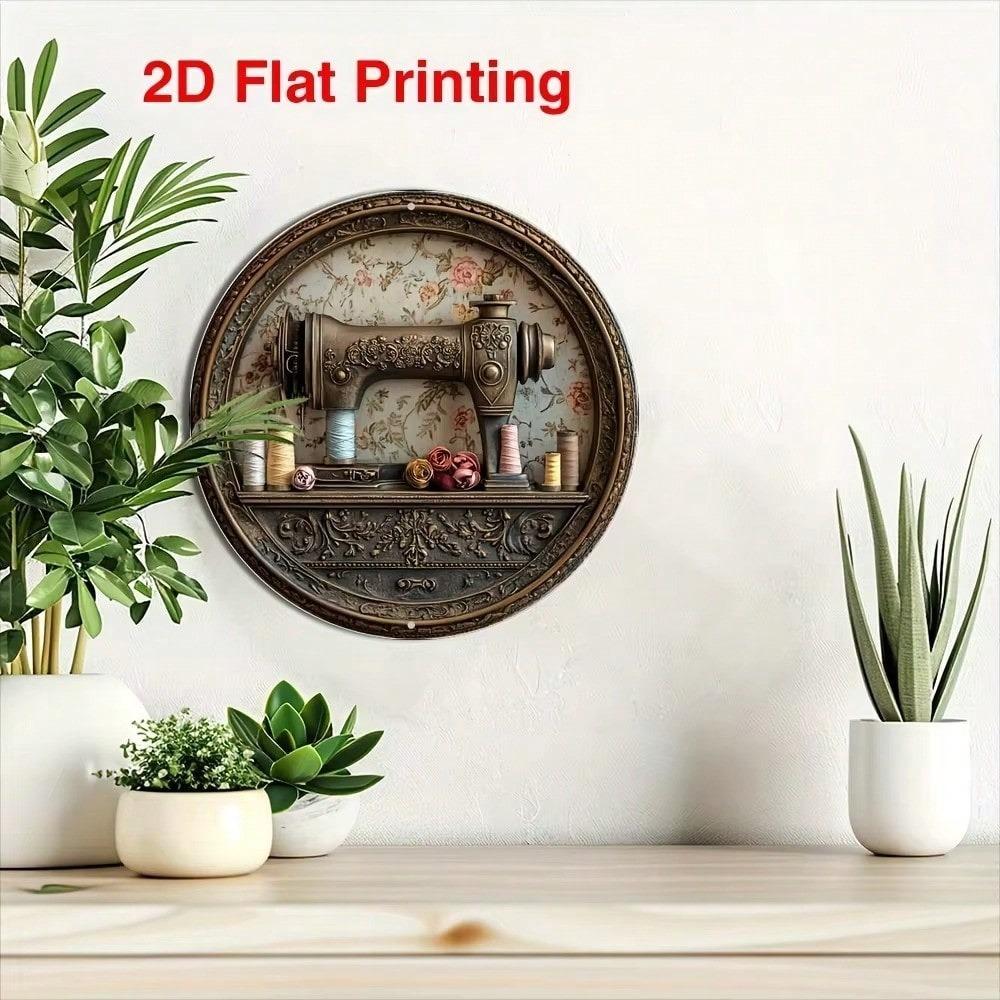 Vintage Sewing Machine Metal Wall Art Round Kitchen Decor Christmas Gift