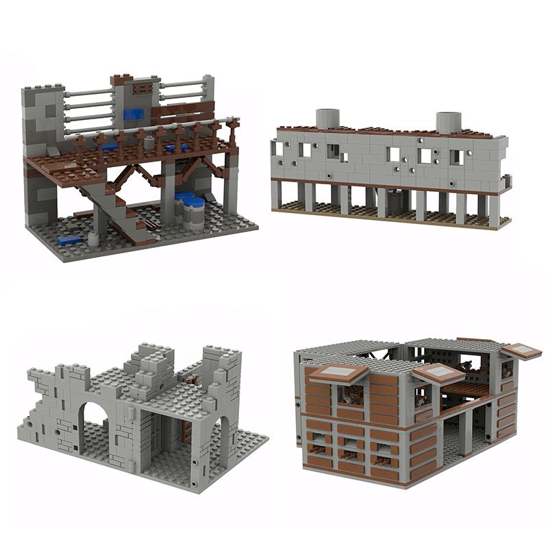 MOC Parts Military Battlefield WW2 Ruins Weapons Fortress Blockhouse Model Building Blocks Army Architecture Bricks Toy Kid Gift
