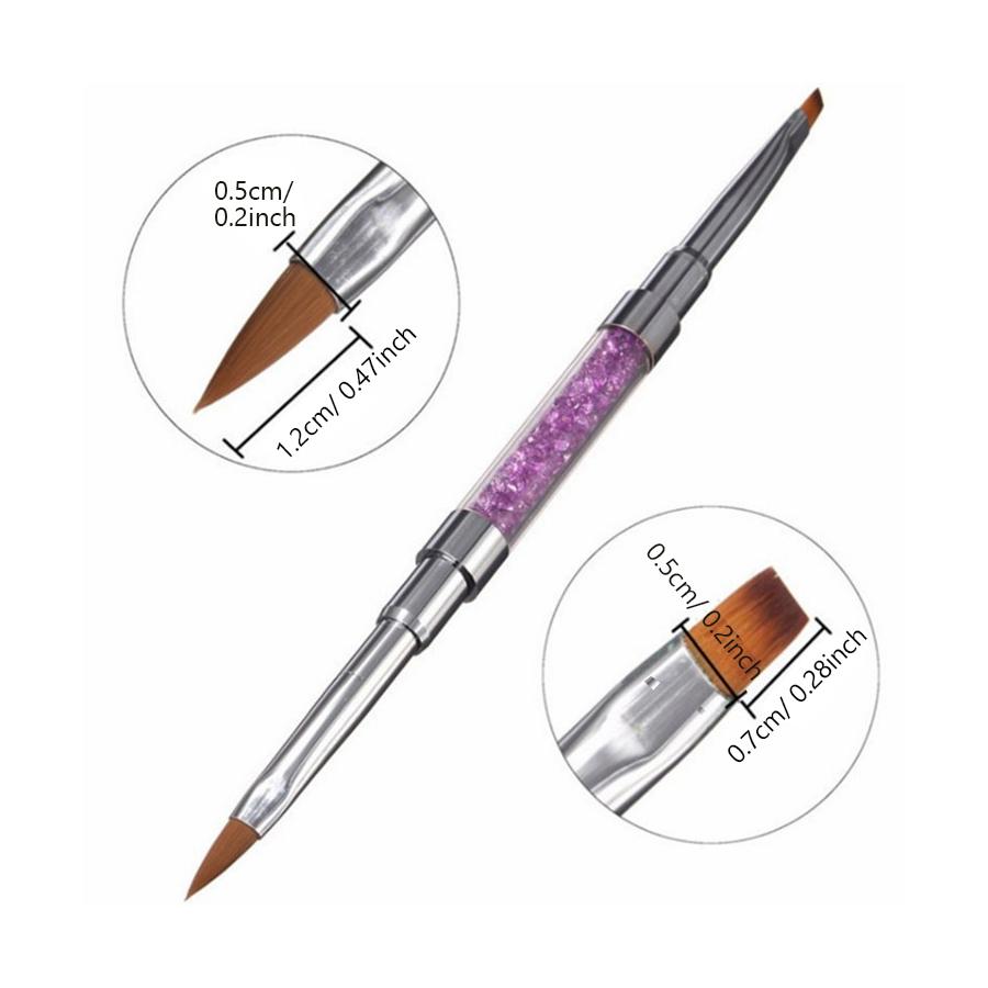Double Ended Nail Art Brushes Rhinestone Handle, Flat Head Gel & Carving Sculpting Pen for Nail Extension Manicure
