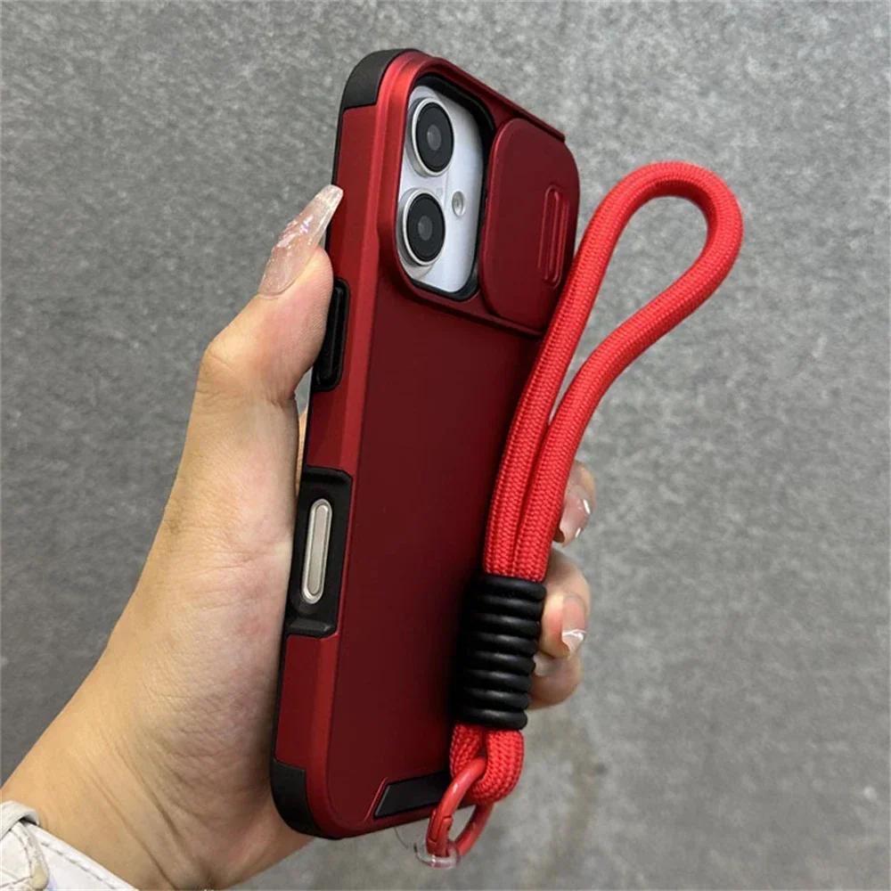 Pouzdro Armor s posuvným okénkem, ochranou, šňůrkou na zápěstí pro iPhone 17 Air 16 15 13 12 11 14 Pro Max, jednobarevný nárazník, kryt se šňůrkou