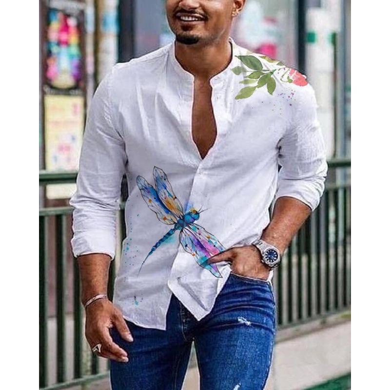 Men Stand Collar Long Sleeve Dragonfly Print Casual Shirt Tops S
