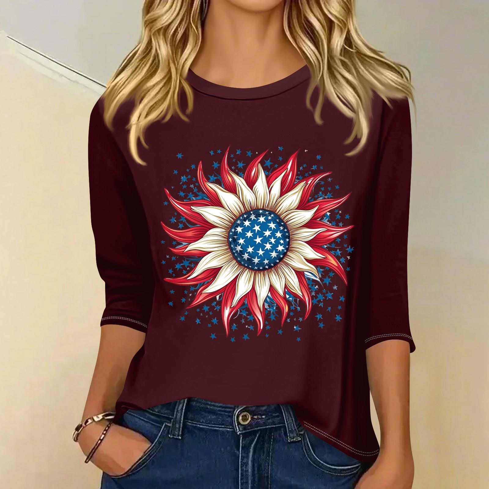 

Women s Fashion Casual 3/4 Sleeve T-Shirt Printed Round Neck Pullover Top XL винний