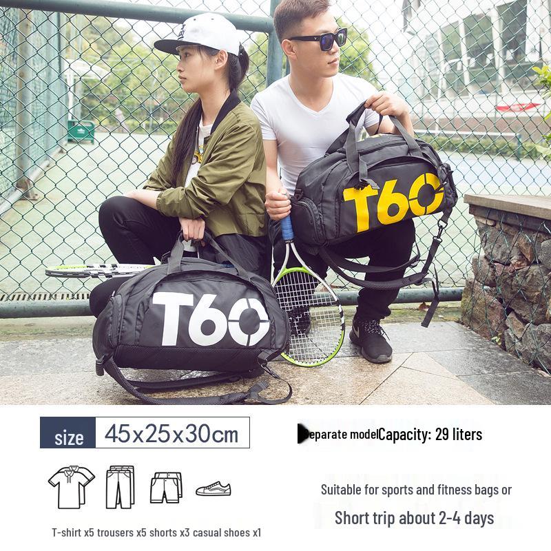 T60 Sports Travel Bag - Double Shoulder, Dry/Wet Separation, Gym & Yoga Bag for Men and Women.