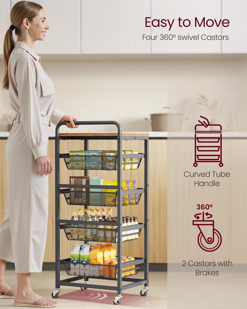 VASAGLE 5-Tier Storage Trolley with Pull-Out Baskets, Kitchen Shelf with Wheels, Handle, 31.7 X 40 X 95 Cm, Rustic Brown and Ink Black
