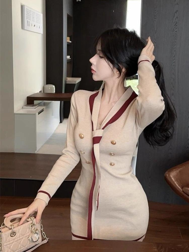 France Autumn Sexy Knit One Piece Dress Women V-neck Elegant Y2k Slim Dresses Female Korean Fashion Party Sweater Dress Winter
