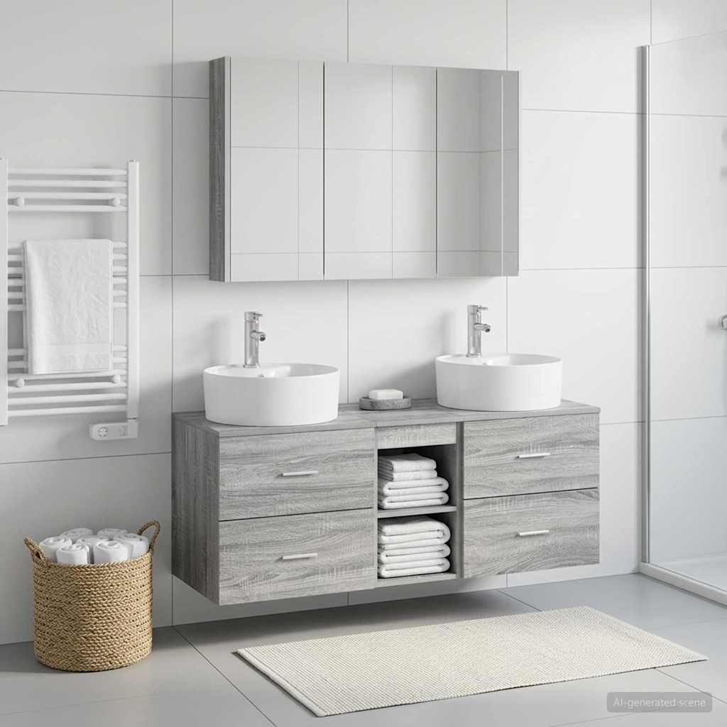 Bathroom Furniture Set 4 Pcs Grey Sonoma Engineered Wood and Glass