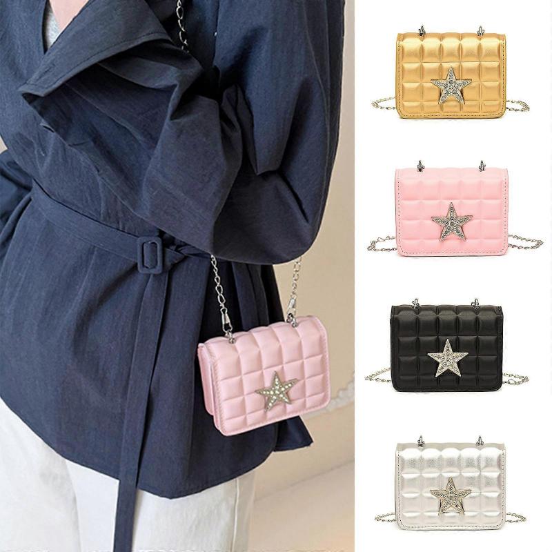 Women Small Square Bag Rhinestones Star Shoulder Bag Chain Bag Stylish Crossbody Bag PU Leather Dating for Work Silver