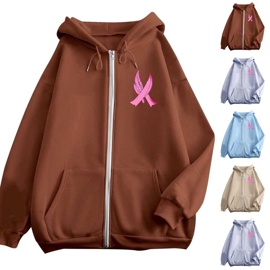 Women's Breast Sweatshirt Ribbon Breast Long Sleeve Hooded Pocket Casual Sweatshirt Jacket