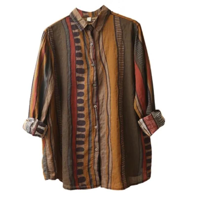 Literary Retro Casual Loose Printed Cotton and Linen Long-sleeved Shirt Women's Autumn Bottoming Shirt