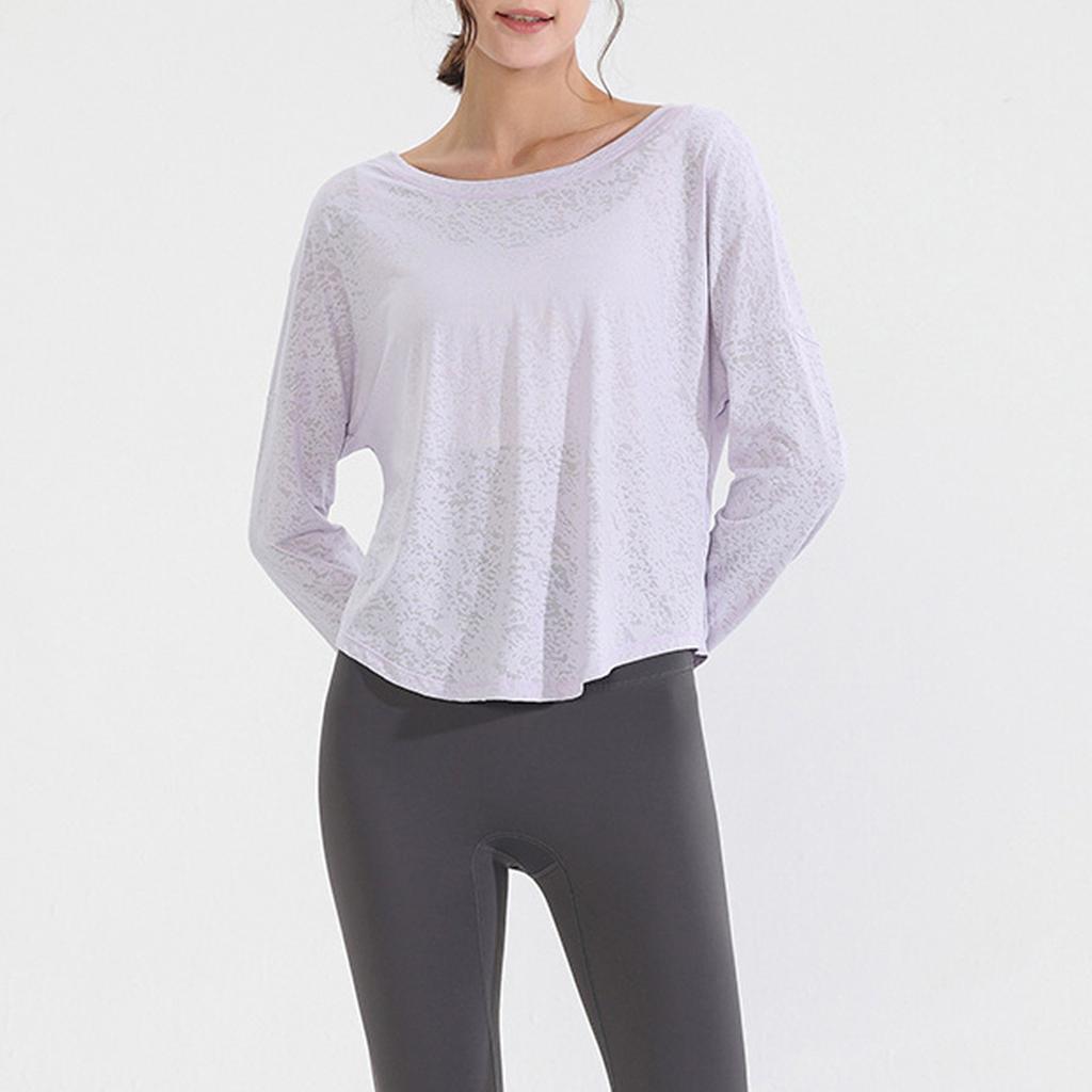 Women's  Long Sleeve Shirt Loose Satin Top Embossed Lace R-neck Silk Lined Top