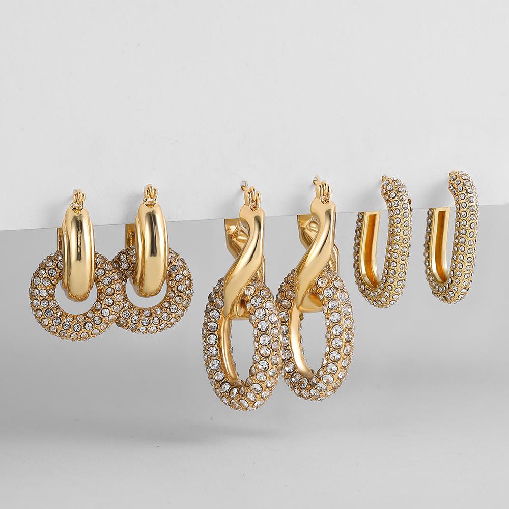 

3pair Gold Color Metal Twisted Small Huggies with Rhinestone Crystal Oval Geometric Drop Earrings Set for Women Fashion Zircon золотий