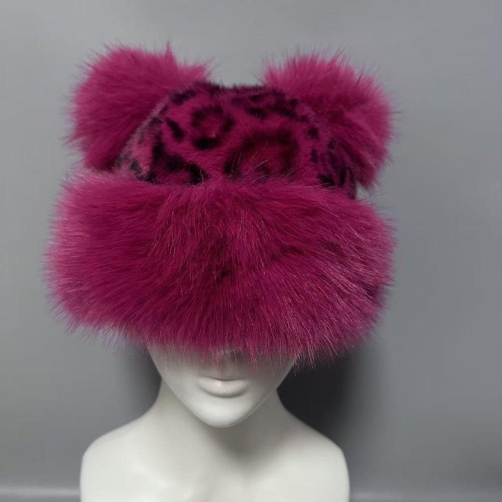 With Ear Lovely Women's Cap Leopard Print Warm Fluffy Faux Fur Bucket Hat Ear Protection Cap