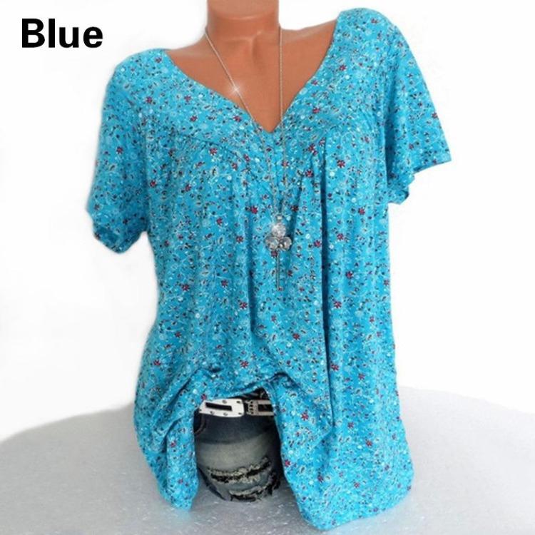 Plus Size Women Summer Casual Loose V Neck Printed Short Sleeve T Shirt Top