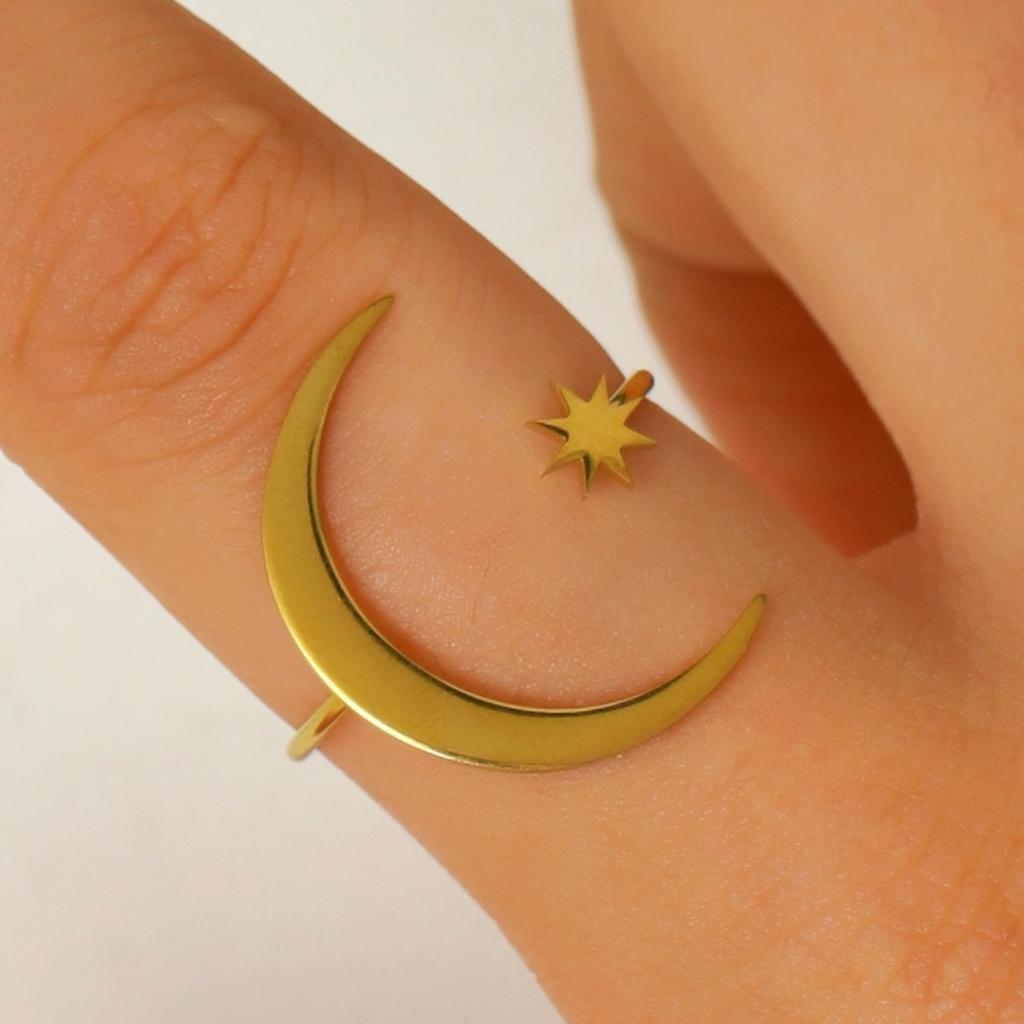 Crescent Moon and Star Open Ring for Women Minimalist Celestial Adjustable Ring
