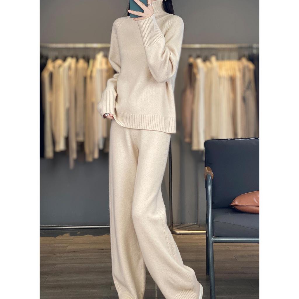 2025 Autumn/Winter High Neck Wool Knitwear & Wide Leg Pants Set