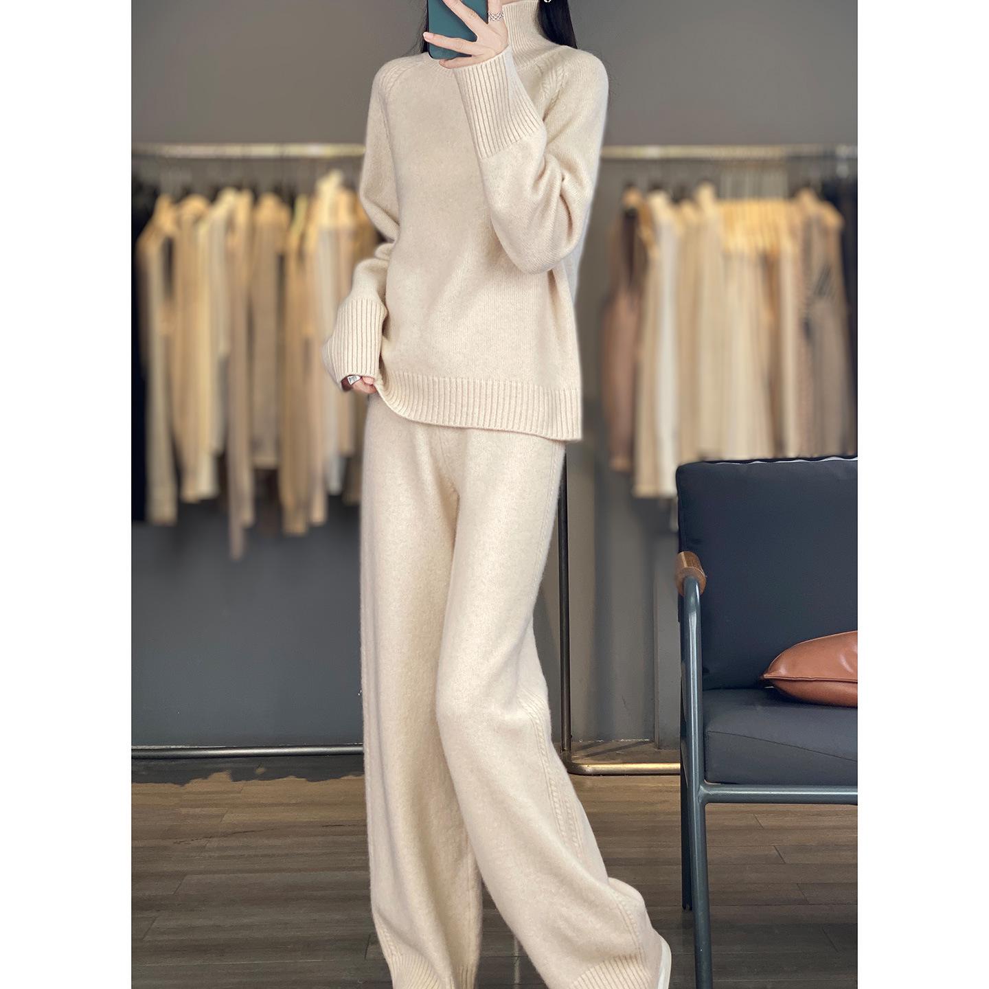 

2025 Autumn/Winter High Neck Wool Knitwear & Wide Leg Pants Set Extra Large