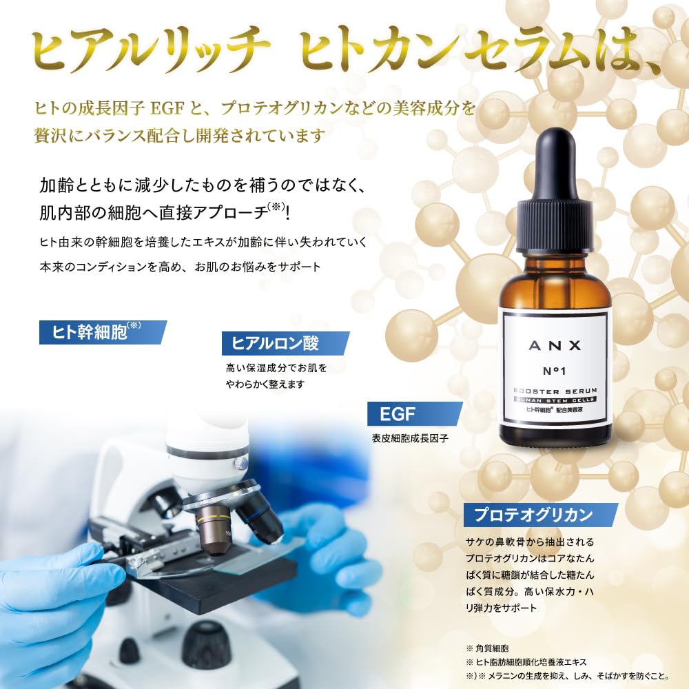 ANX Human Stem Cell Booster Formulated with and Low Molecular Weight Hyaluronic Made in Japan Serum, 20ml, EGF, Water-Soluble Proteoglycan, Acid,