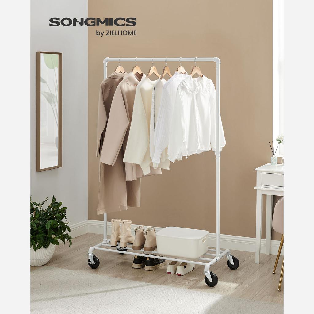 SONGMICS Clothes Rail, Clothes Rack on Wheels, Heavy-Duty Clothing Rail, Holds 90 kg, Industrial Design, Coat Stand with 1 Hanging Rail and Shelf