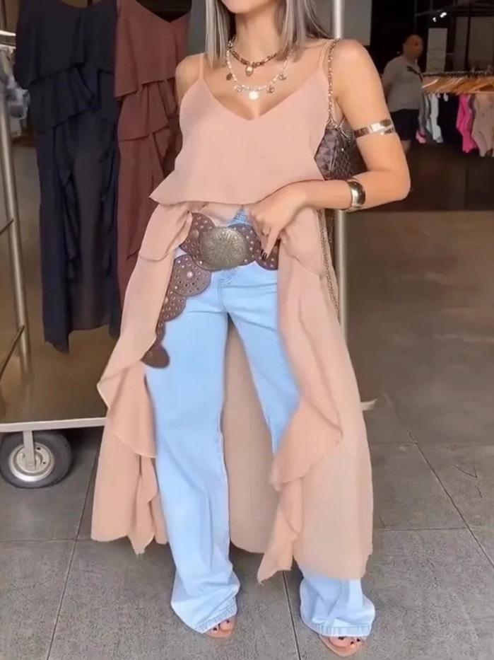 2025 New Sexy V-neck Ruffle Irregular Spaghetti Strap Dress for Women - European & American Spring/Summer Style