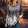 Spring and Autumn Casual Versatile Color Gradient V-neck Long Sleeved Top Women's T-shirts