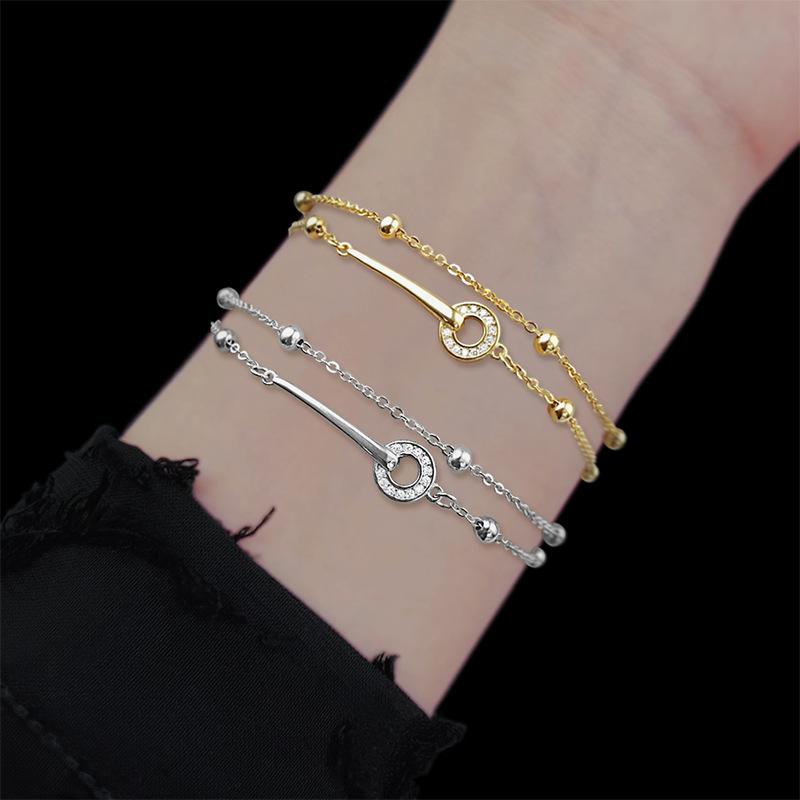 S925 Sterling Silver Double-Layer Stacked Round Ring Bracelet, Exquisite Light Luxury Design, High-End Jewelry for Women