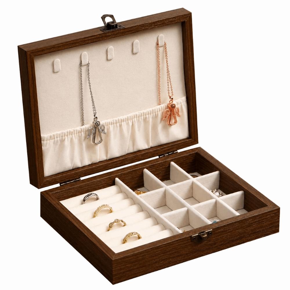 Walnut Wood Glass Lid Velvet Lined Velvet Interior Necklace Hanging Panel Bracelets Storage