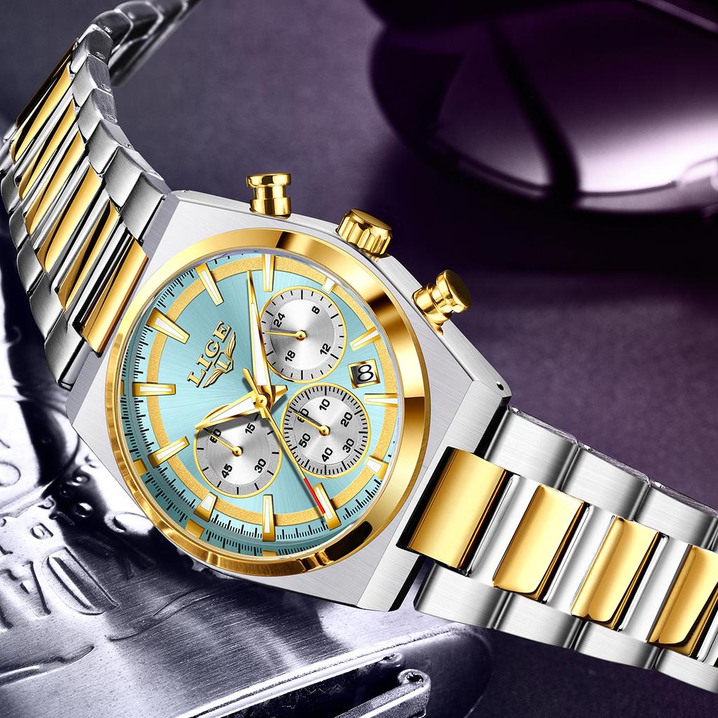 LIGE Mens Watches Fashion Business Quartz Wristwatches Waterproof Stainless Steel Chronograph Luminous Auto Date Watch for Man