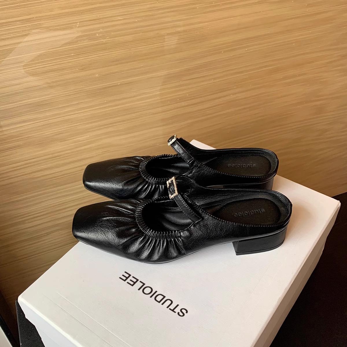 

Sheepskin version~ Baotou Mary Jane thick heel buckle with single shoes and half slippers women 40