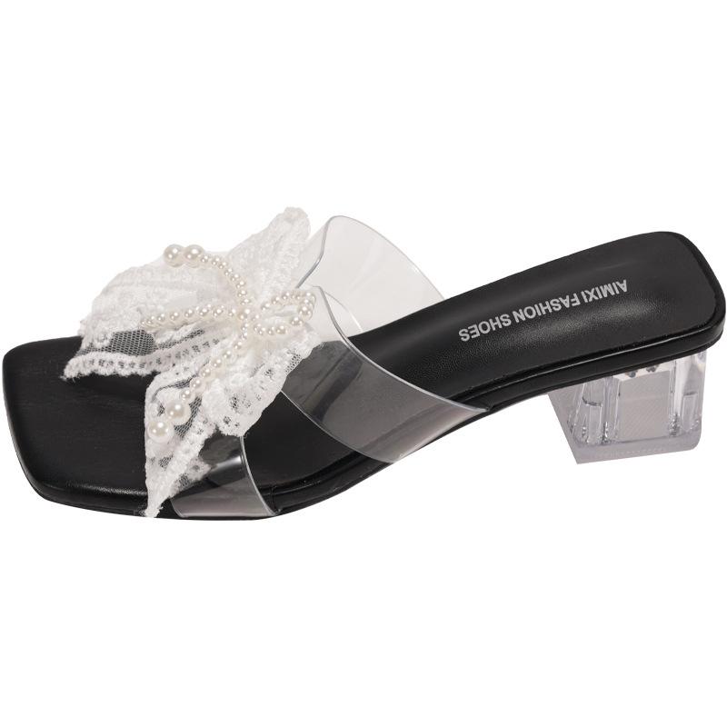 Beaded thick heel bow transparent high heel summer new women's square head sandals lace cool slippers