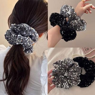 Luxury Velvet Hair Scrunchies Black and Silver Party Hair Accessories Elastic Hair Tie  for Women