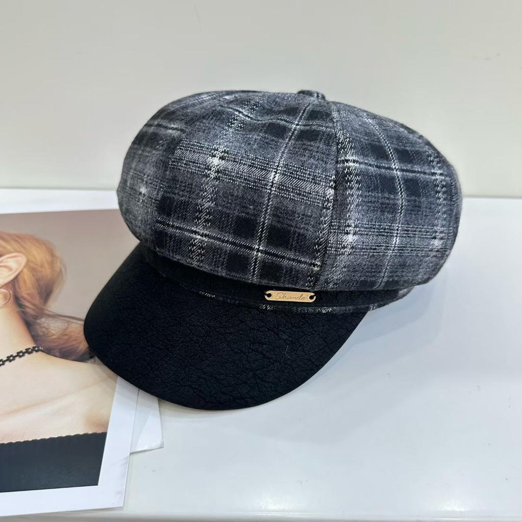 New PU leather brim plaid octagonal hat children autumn and winter travel temperament beret retro casual newsboy hat