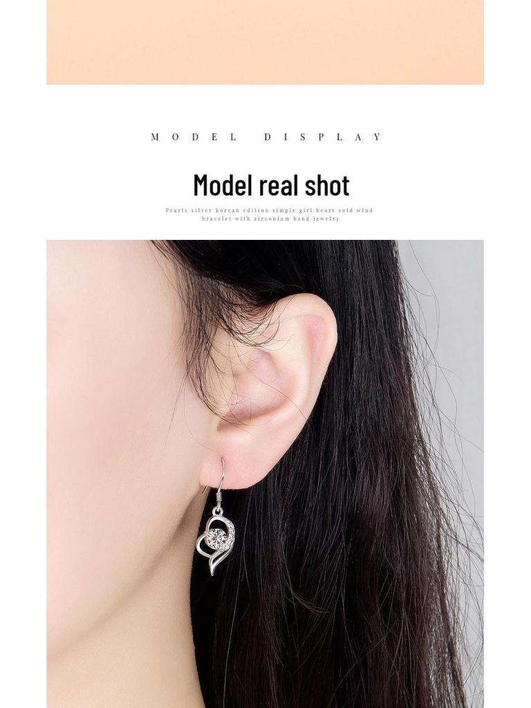 Japanese & Korean Zircon Silver-Plated Fashion Earrings: Elegant Medium-Length Hooks with Heart Details for Women