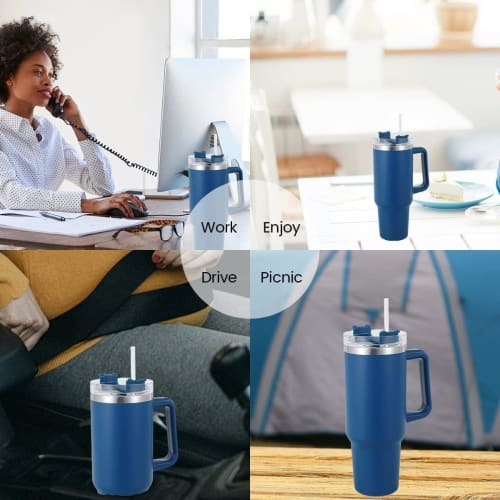 Vacuum Insulated Tumbler with Lid, Handle, and Straw. Double-walled, Large Capacity, Keeps Drinks Hot or Cold. Spill-proof, Stainless Steel, Wide-mout