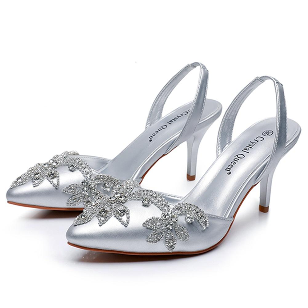 7cm Shallow Tip Toe White Wedding Sandals Thin Heels Small Size Rhinestone Chain Wedding Shoes Bride Wedding Photo Shoes