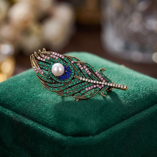 Feather Design Pin Vintage Peacock Brooch, Faux Pearl Rhinstone Lapel Retro Jewelry Pin, Clothing Accessories for Wedding Party Prom