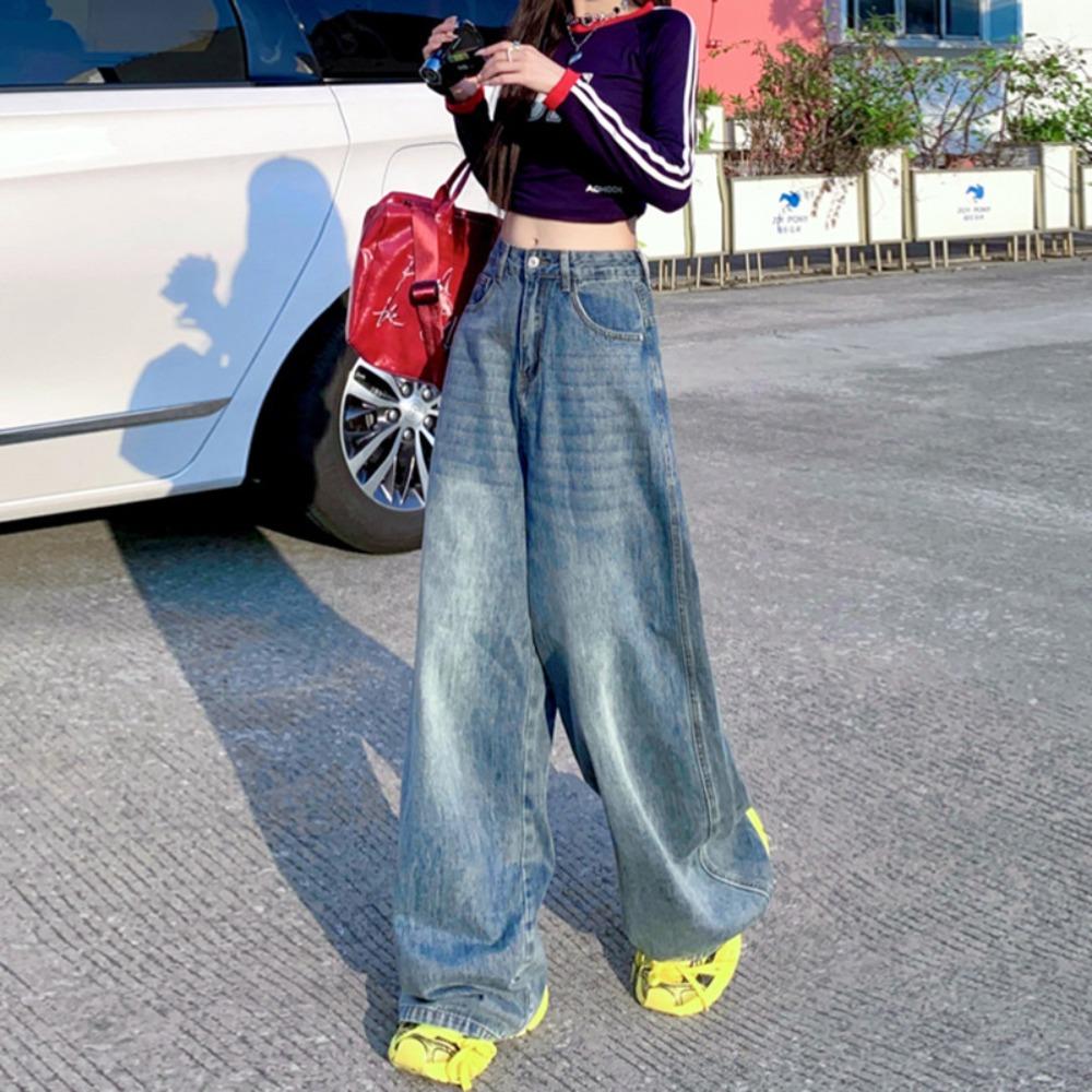 American retro loose wide-leg pants drape high waist versatile washed straight jeans women's trousers tide